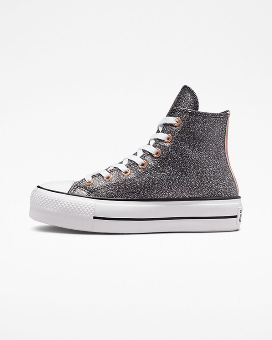 Dámské Boty Na Platformy Converse Chuck Taylor All Star Lift Metallic Glitter Vysoké Černé Měď Bílé | CZ SOEL04